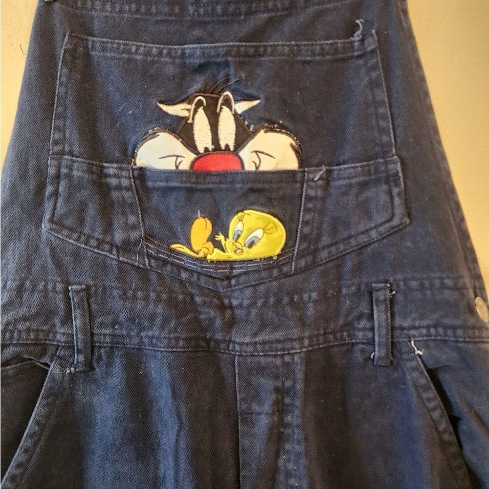 Vtg 90's Looney Tunes Sylvester & Tweety overalls Women's canvas navy blue Sz m - Picture 2 of 8